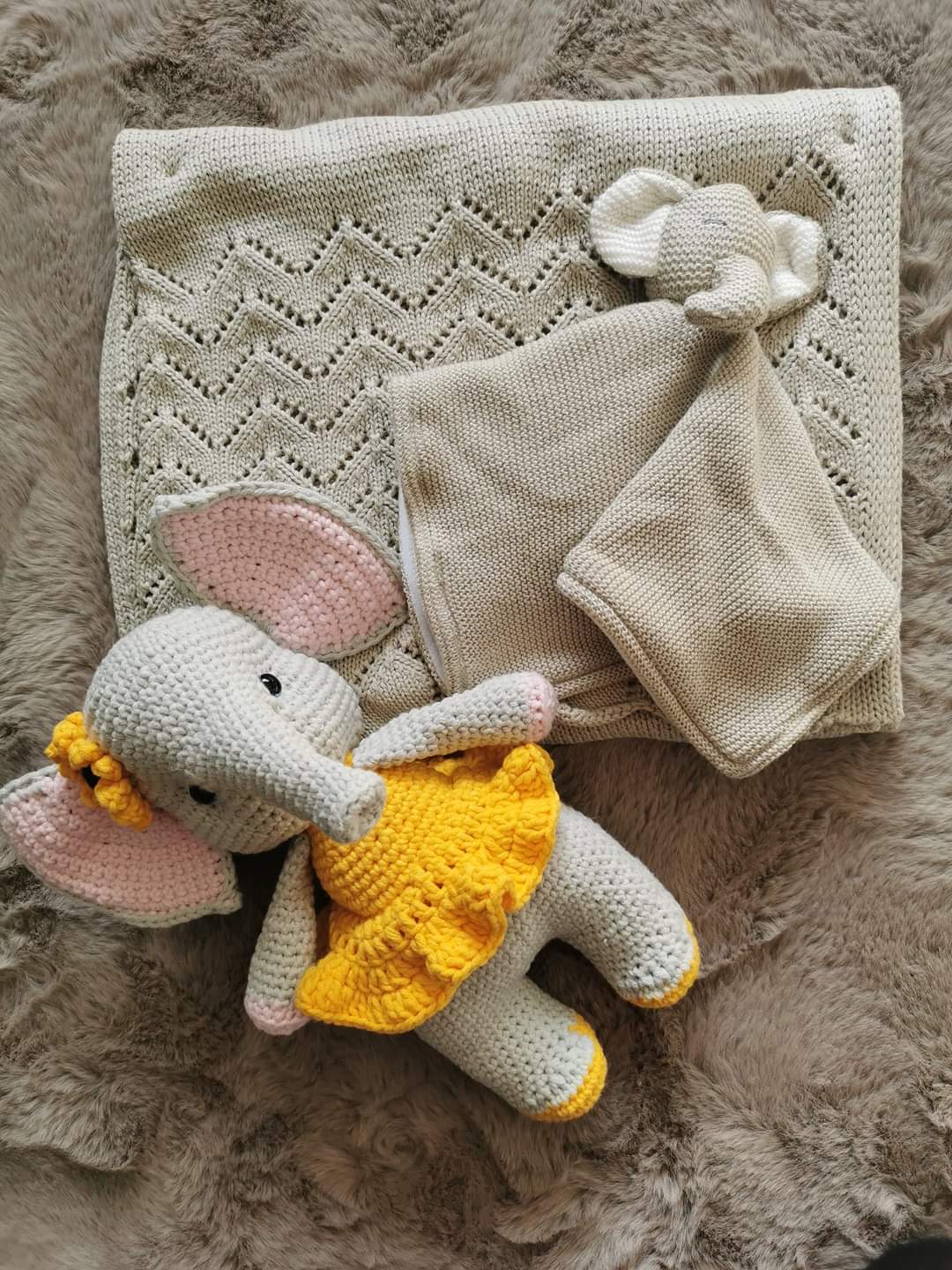 Luxury Handmade Elephant plush toy & Knitted Baby comforter & Shawl Baby Gift Set
