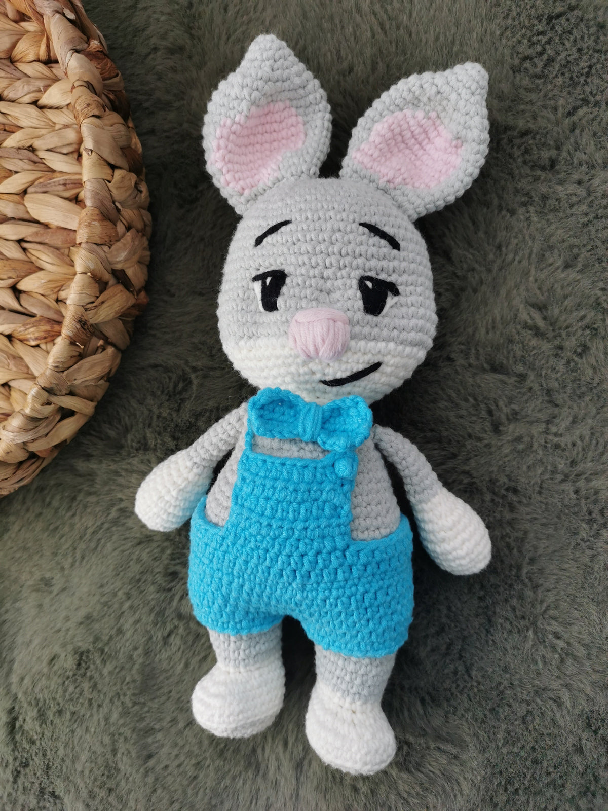 Handmade Amigurumi Rabbit Toy in Overalls - Adorable Crochet Bunny for Kids - Nat's Gibberish