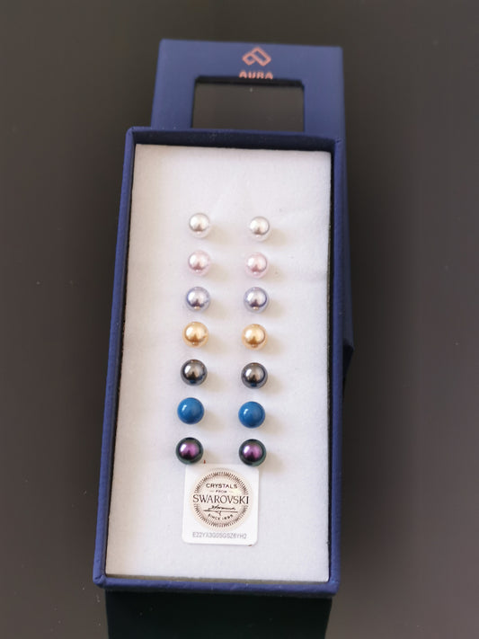 Set of 7 Timeless round Swarovski Crystals pearls stud earrings